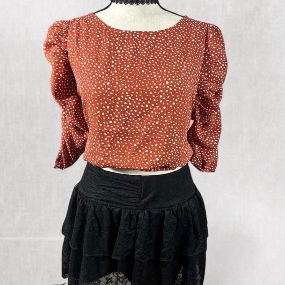 Vintage Style Burnt Orange Polka Dot Puff Sleeve Blouse